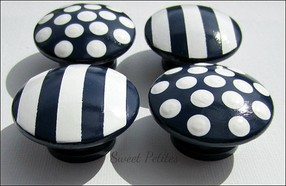 Hand Painted Knob Dresser Drawer Nautical Stripes And Polka Dots Classic Navy And White