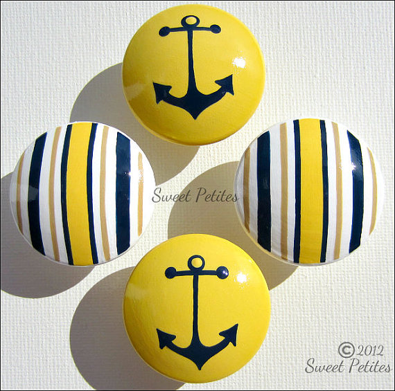 Hand Painted Knob Dresser Drawer Nautical Stripes And Anchor Bright Yellow Navy And Tan