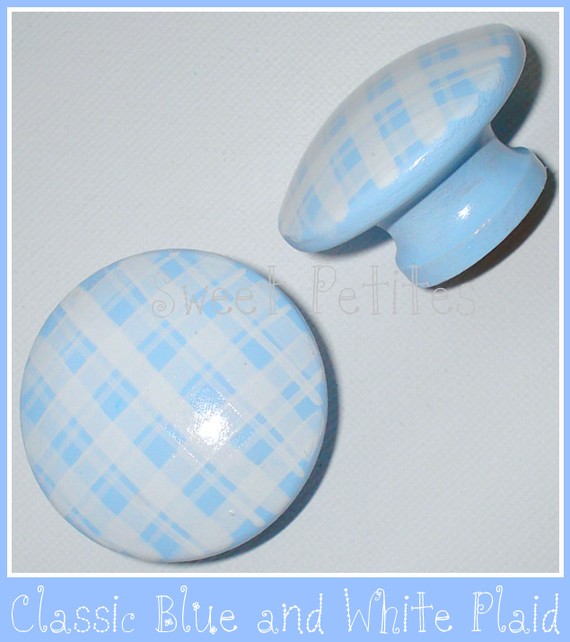 Hand Painted Knob Dresser Drawer Or Nail Cover Blue And White Gingham