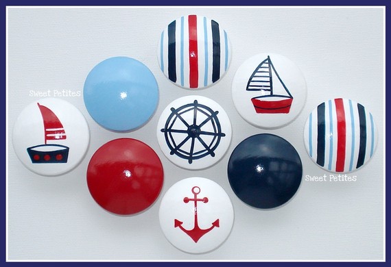 Hand Painted Knob Dresser Drawer Or Nail Cover Nautical Sailboat Navy Blue Red White