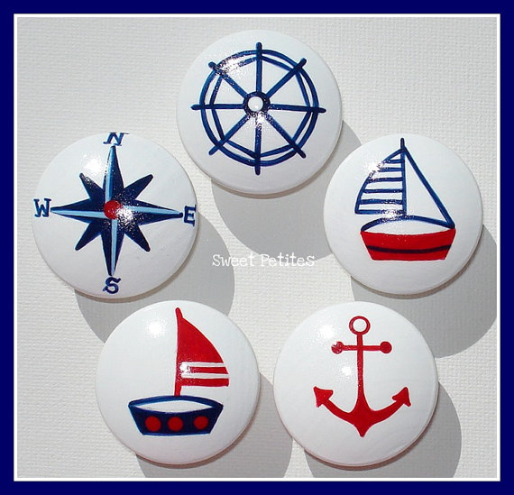 Hand Painted Knob Dresser Drawer Nautical Sailboat Anchor Helm Compass