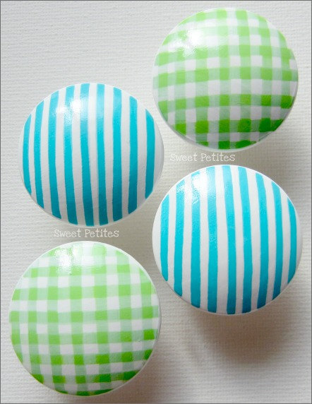 Hand Painted Knob Dresser Drawer Green Gingham Turquoise Stripes