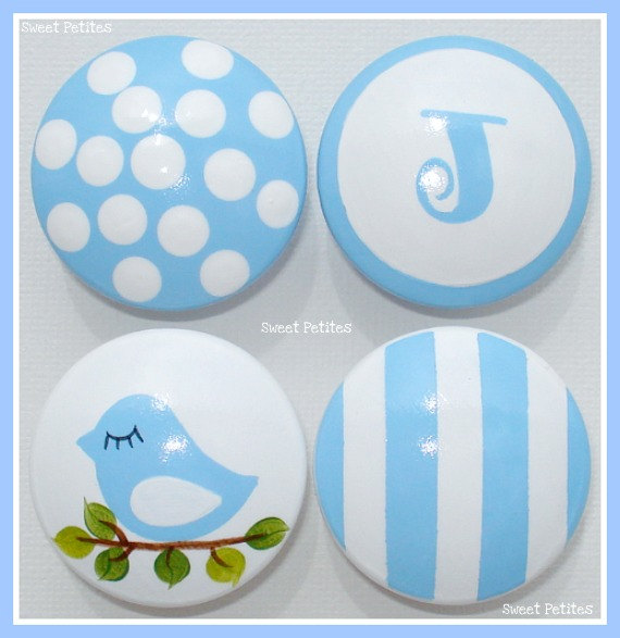 Hand Painted Knob Dresser Drawer Stripes Polka Dots Bird Personalized Baby Blue And White