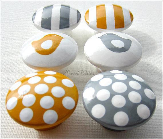 Hand Painted Knob Dresser Drawer Gray And Yellow Stripes - Polka Dots - Birds