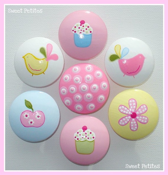 Hand Painted Knob Dresser Drawer Birds Cupcakes Polka Dots Apple