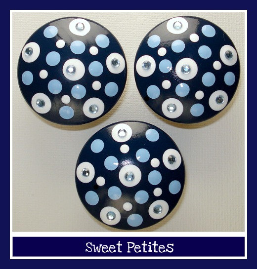 Hand Painted Knob Dresser Drawer Navy Blue With Light Blue And White Polka Dots And Blue Rhinestones