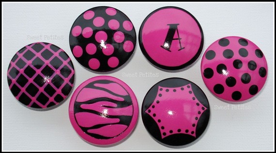 Hand Painted Knob Dresser Drawer Pink Black Monogram Polka Dots Zebra