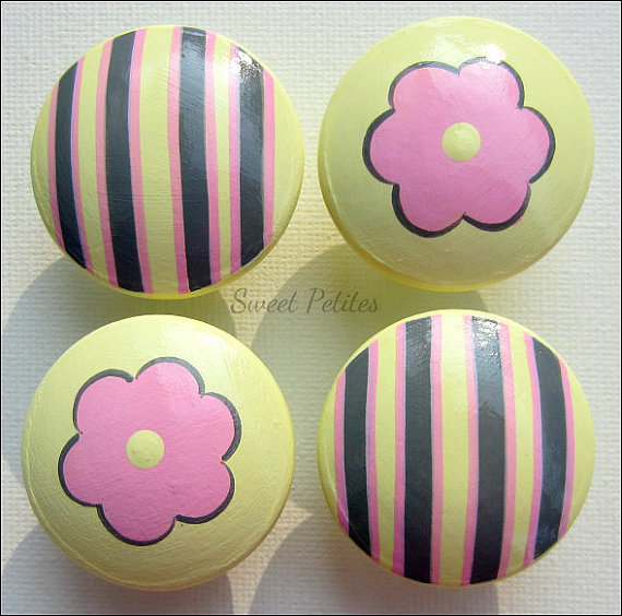 Hand Painted Knob Dresser Drawer Stripes And Daisies Yellow Pink Gray