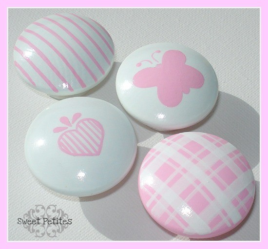 Hand Painted Knob Dresser Drawer Pink Silhouettes Gingham Stripes Butterfly Heart