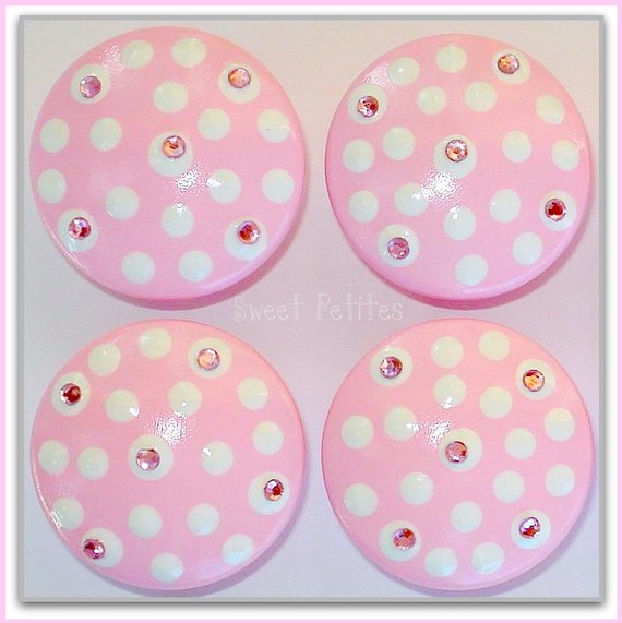 Hand Painted Knob Dresser Drawer Pink With White Polka Dots And Rhinestones