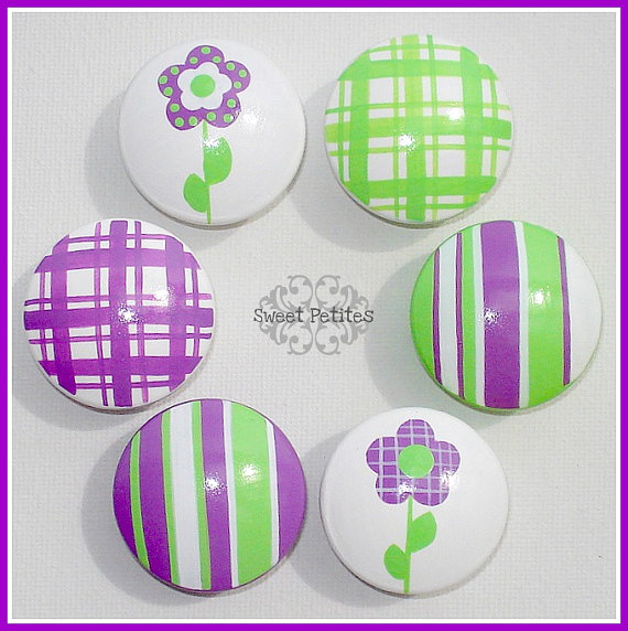 Hand Painted Drawer Knob Or Nail Cover Purple And Green Daisies And Stripes